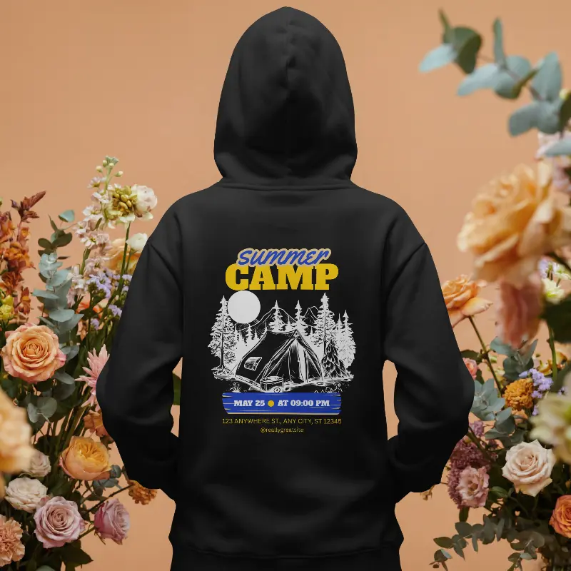 Summer Camp 280 GSM premium black graphic hoodie featuring an outdoor camping and forest back print.