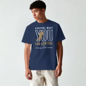 Control What You Can Control 180 GSM premium graphic T-shirt in royal blue with motivational typography design.