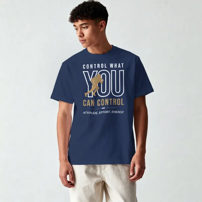 Control What You Can Control 180 GSM premium graphic T-shirt in royal blue with motivational typography design.