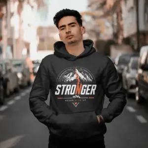 Stay Stronger 280 GSM Premium Graphic Hoodie with Never Give Up mountain back print in maroon.