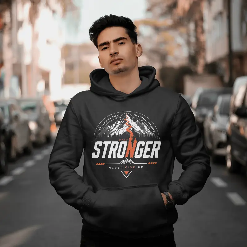 Stay Stronger 280 GSM Premium Graphic Hoodie with Never Give Up mountain back print in maroon.