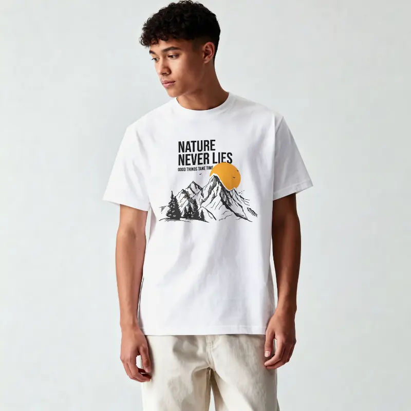 Nature Never Lies 180 GSM graphic T-shirt with mountain and sunset design