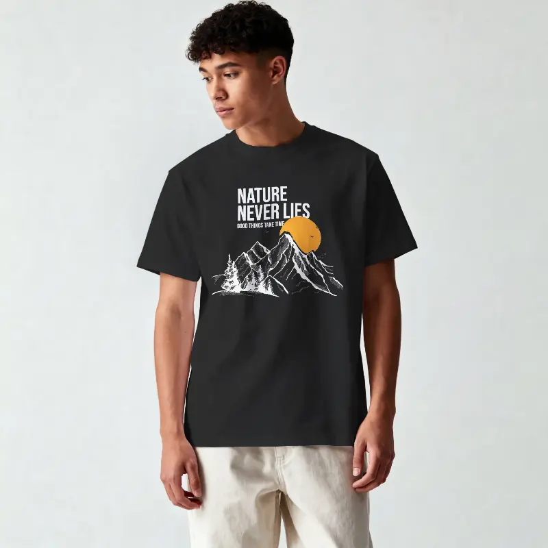 Nature Never Lies 180 GSM graphic T-shirt with mountain and sunset design